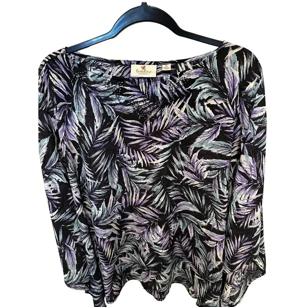 Quacker Factory Women's Embellished Black Palm Print Caftan Shirt Size XL